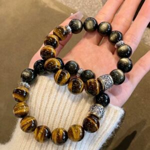 转运暴富招财天然虎眼石手串男士送老公黑曜石金曜石水晶手链